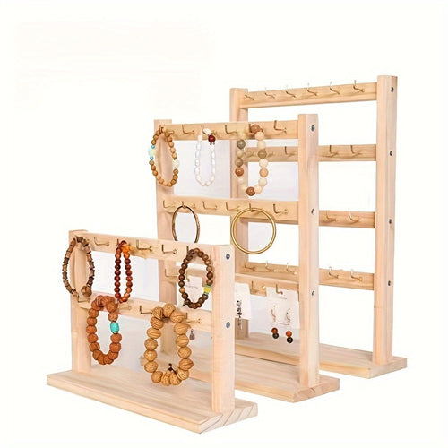 Jewelry Display Stand Multi-Layer Wooden Earring Holder Rack with Hooks Desktop Organizer for Earrings Bracelets Necklaces Keychains Jewelry Tower Storage
