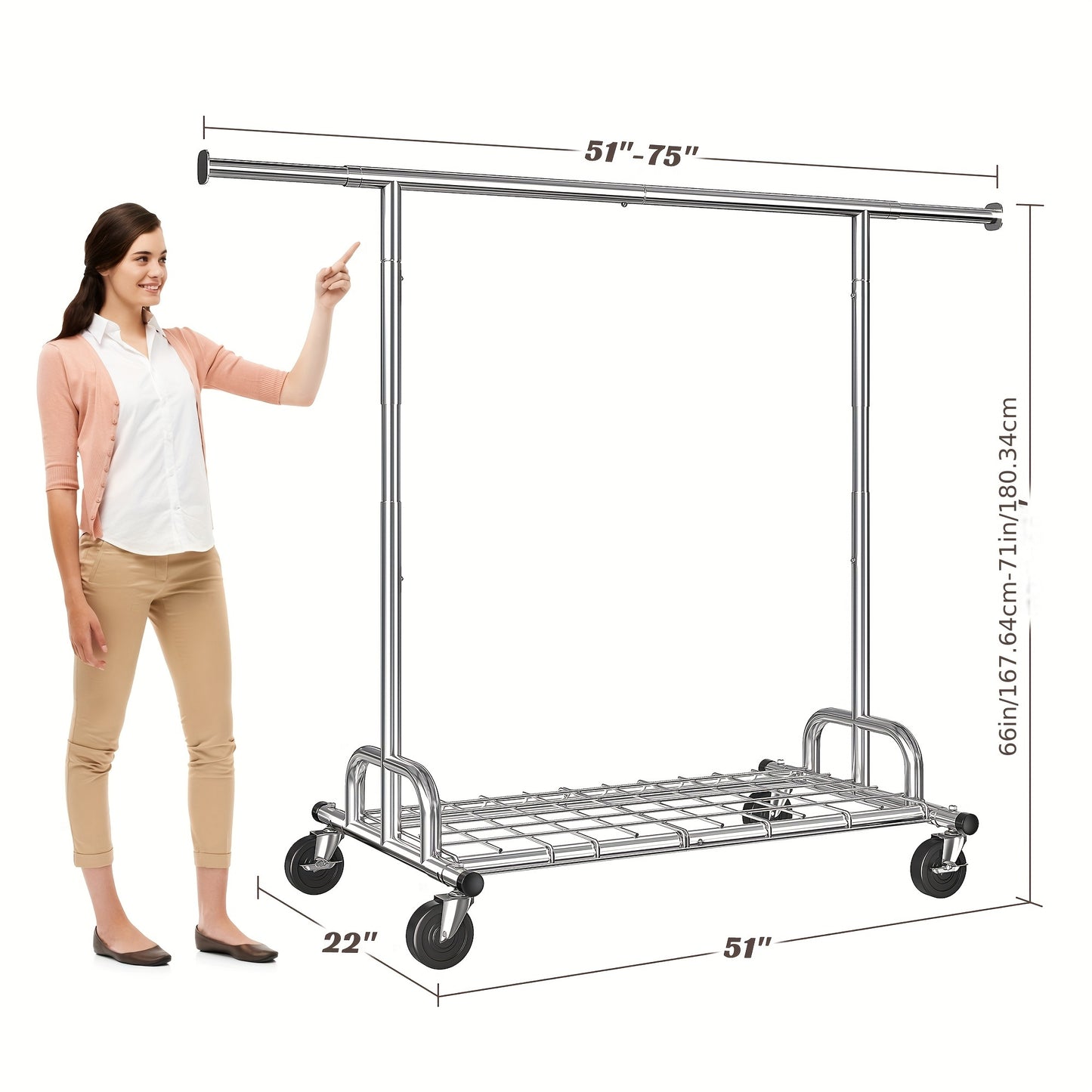 Heavy Duty Rolling Clothes Rack with Wheels - Adjustable Garment Rack 260LBS Capacity, Extendable 51"-75" Wide, for Bedroom Closet Laundry Room