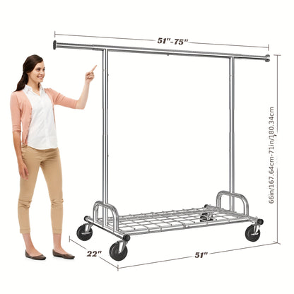 Heavy Duty Rolling Clothes Rack with Wheels - Adjustable Garment Rack 260LBS Capacity, Extendable 51"-75" Wide, for Bedroom Closet Laundry Room
