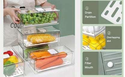 Stackable Fridge Organizer Bins with Drain Board 2 Pack, BPA-Free Refrigerator Drawer Organizer for Produce Fruit Vegetable, Reusable Food Storage Containers for Kitchen