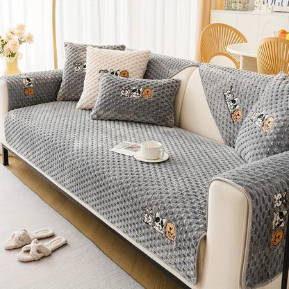 Velvet Sofa Slipcover Honeycomb Texture 1pc - Cute Dog Embroidery Bohemian Style Non-Slip Pet Friendly Machine Washable Polyester Couch Cover | Gray Khaki White | 2 3 4 Seat Living Room Home Decor