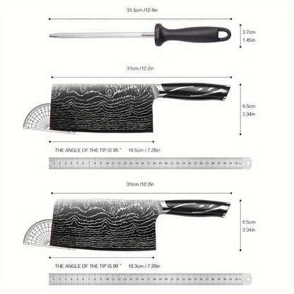 Kitchen Knife Set 7-Piece Damascus Pattern Stainless Steel with Universal Knife Block Holder – Chef Knife, Fruit Knife & Safety Knives Included, Non-Slip Handle