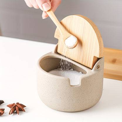 Ceramic Seasoning Pot Set with Lid & Spoon – Salt Pepper Spice Jar Container with Tray Kitchen Condiment Storage Organizer for Counter Cooking Accessories Housewarming Gift