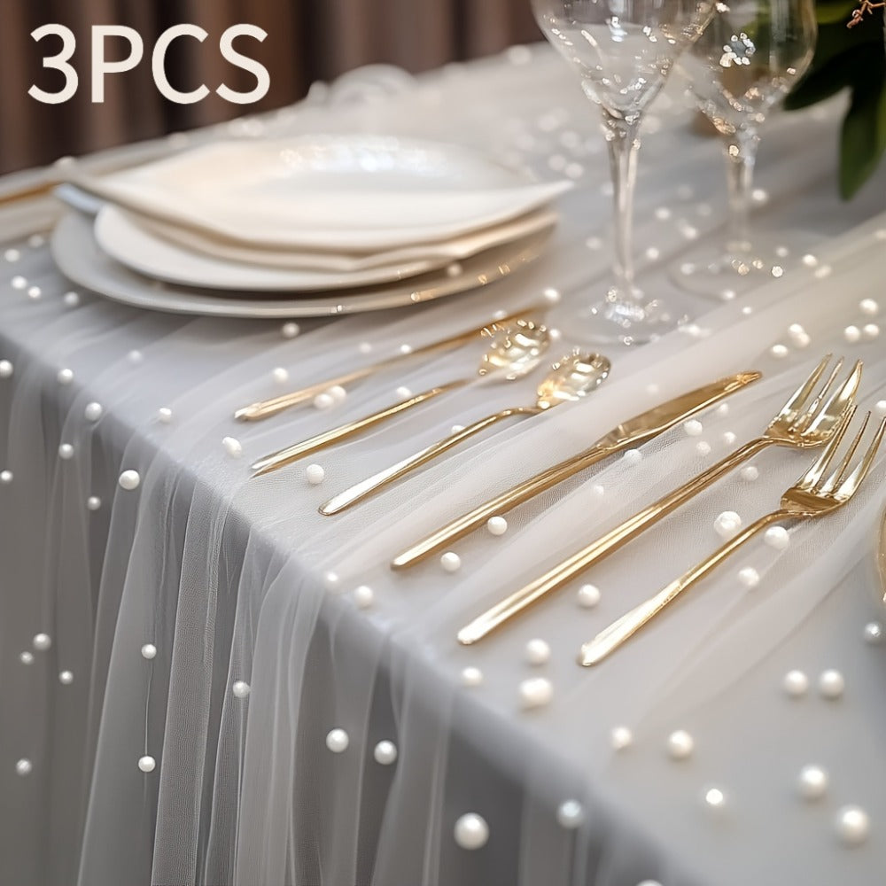 White Pearl Beaded Tulle Table Runner 2.5×9.8ft | Wedding Ceremony Backdrop, Birthday Party & Valentine's Day Romantic Decor, Sheer Mesh Fabric 3PCS