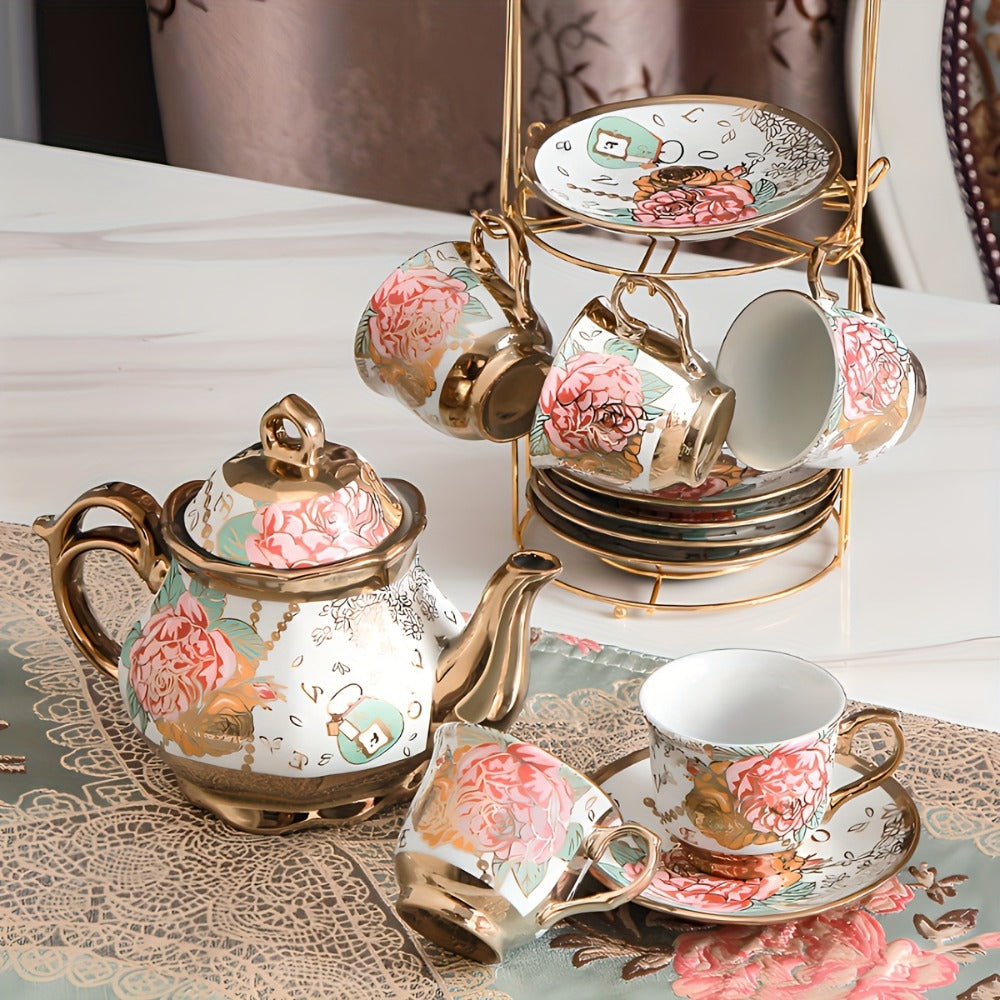 20-Piece Floral Ceramic Tea Set with Saucers & Metal Stand | European Afternoon Tea Service, Blooming Design, Complete Tea Accessories, Gift for Tea Lovers