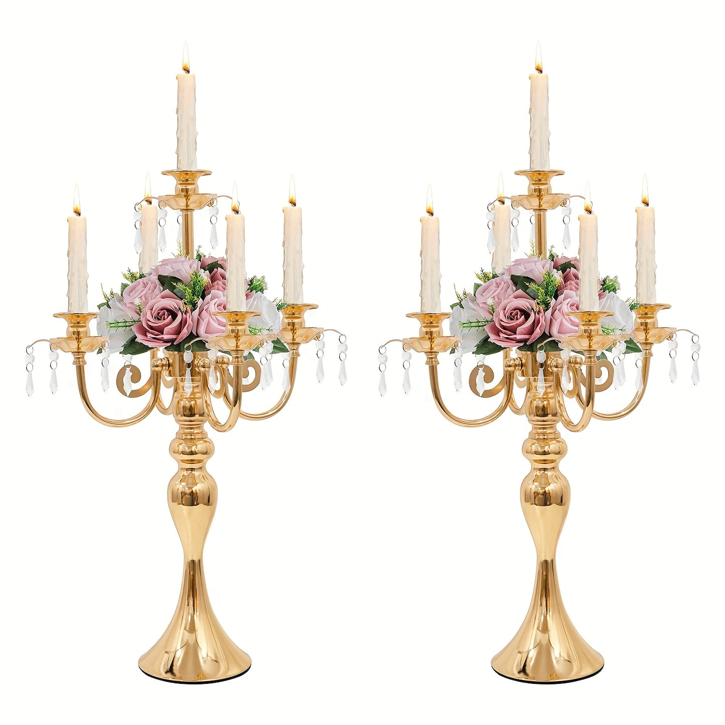 Metal Candelabra Centerpiece 2 Pack – 5-Arm Golden Taper Candle Holder Stand 20.3" Tall for Wedding Table Decor, Party, Church, Dining Room, Christmas & Halloween Vintage Event Decoration