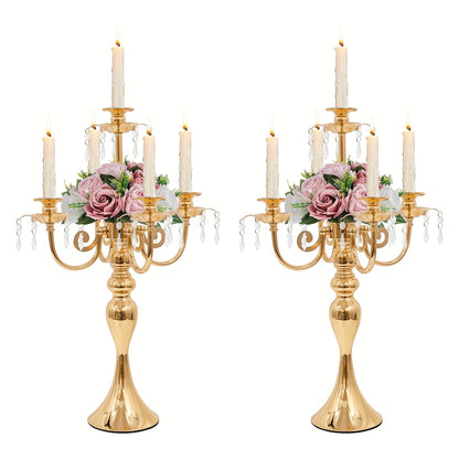 Metal Candelabra Centerpiece 2 Pack – 5-Arm Golden Taper Candle Holder Stand 20.3" Tall for Wedding Table Decor, Party, Church, Dining Room, Christmas & Halloween Vintage Event Decoration