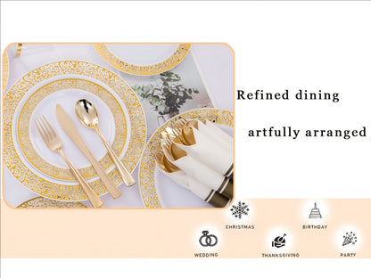 Gold Disposable Dinnerware Set for 50 Guests 350pcs – Includes Dinner Plates, Dessert Plates, 9oz Cups with Gold Rim, Pre-Rolled Napkins & Gold Cutlery | Perfect for Wedding, Party & Holiday Celebration