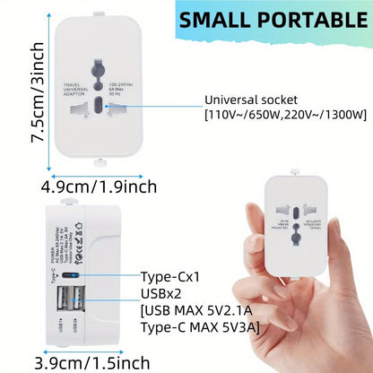 Universal Travel Adapter with Surge Protection - 2 USB & Type-C Ports, All-in-One International Plug for 350+ Countries, 100-240V Input, Fast Charging, Compact Lightweight Design, White & Black