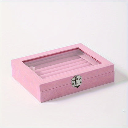 Jewelry Box with Locking Lid – 49-Ring Capacity Glass-Like Plastic Ring & Earring Organizer, Large Rectangular Storage Case, Waterproof Anti-Tarnish, 4 Colors, Holiday Gift