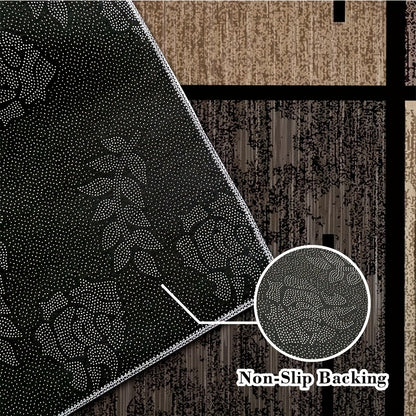 Machine Washable Area Rug Geometric Beige Brown Velvet 850 GSM Fade-Resistant Polyester Carpet for Living Room Bedroom Dining Room Office Non-Slip Rectangle Floor Rug