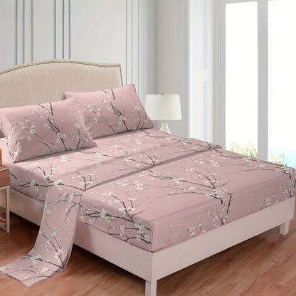Fitted Sheet Set 4-Piece Plum Blossom Floral Print | Deep Pocket 15" Bed Sheets Twin Full Queen King | Soft Polyester Bedding Set with 2 Pillowcases, All-Season Machine Washable