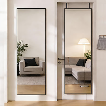 Full Length Mirror 47x14 – Over the Door or Wall Mounted Hanging Mirror, Aluminum Alloy Frame, Full Body Dressing Mirror for Bedroom, Living Room & Entryway, Arched & Rectangular, Black & Gold