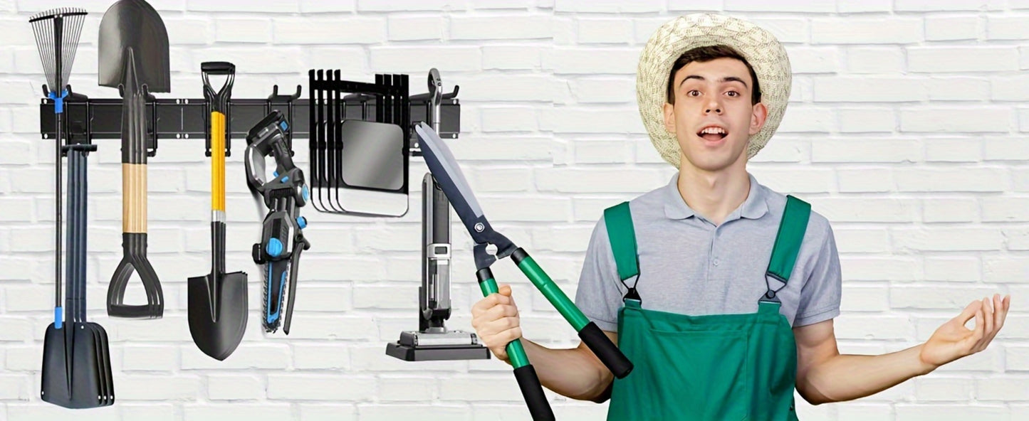 Garage Tool Organizer Wall Mount 48" – Heavy Duty Pegboard with Adjustable Swivel Hooks, 1 Double Hook & 5 Straight Hooks, Holds 420lbs, Broom Holder for Yard Tools, Shovels, Hoses & Garden Equipment
