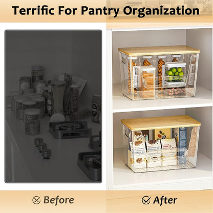 Stackable Kitchen Food Storage Organizer Boxes Clear Acrylic 2 Pack | Extra Large Transparent Produce Storage for Onions Potatoes Fruits Vegetables | Cabinet Pantry Space Saver with Garbage Bags