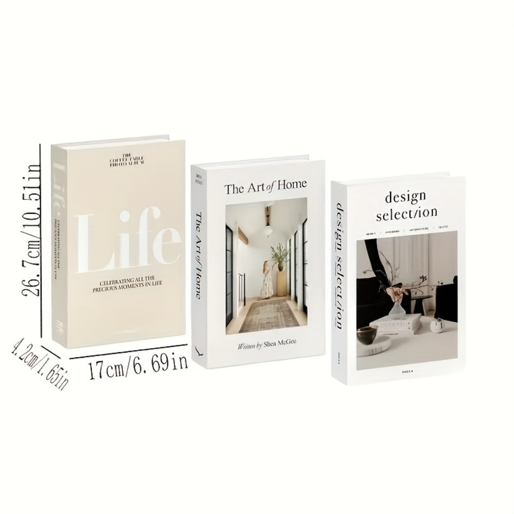 Decorative Books Set of 3 for Home Decor, Faux Coffee Table Books with Gold Text – Life, The Art of Home & Design Choices, Minimalist Shelf Decor, Photo Props, Stylish Bookshelf Accent