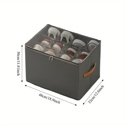 Oxford Fabric Shoe Storage Organizer with Adjustable Dividers, Transparent Lid & Handles – Holds 12 Pairs, Foldable, Zippered Dustproof, 2 or 4 Pack