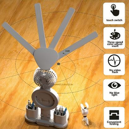 LED Desk Lamp with Built-in Fan & Touch Control | Dual Head Adjustable | USB Charging | 3 Color Modes Dimmable | Smart Display Clock | Eye-Caring Reading Lamp for Home Office Dorm Study