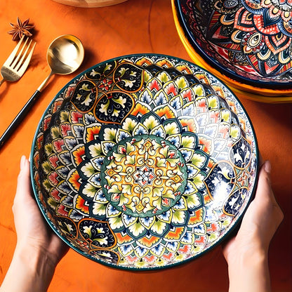 Ceramic Soup Bowl Set 2pcs Bohemian Floral Hand-Painted 25.8cm Microwave Safe Vintage Tableware for Cooking Dining Gift