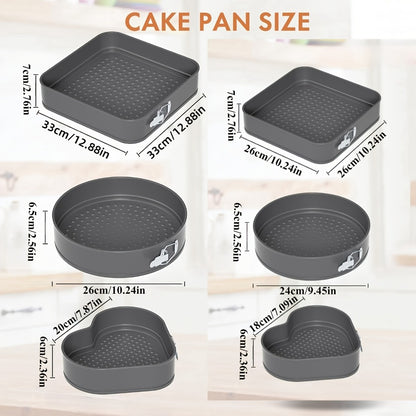 Springform Cake Pan Set 6pcs 7 8 9 10 11 Inch Heart Round Square Nonstick Leakproof Removable Bottom Carbon Steel Bakeware for Cheesecake Mousse Honeycomb Birthday Wedding Cake