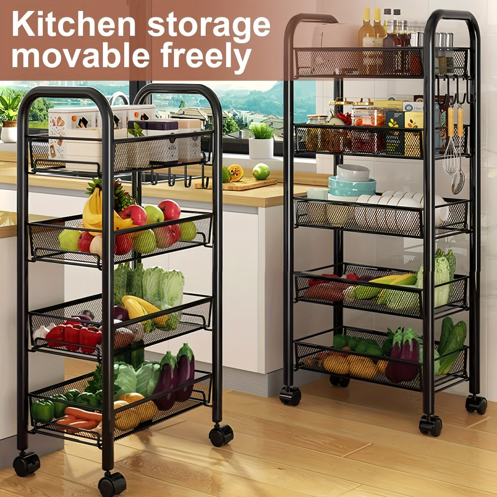 Rolling Storage Cart on Wheels – 3/4/5 Tier Carbon Steel Wire Basket Trolley, Black Metal Utility Cart for Kitchen, Bathroom, Bedroom, Office & Living Room, Space-Saving Detachable Shelving Unit