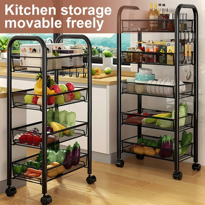Rolling Storage Cart on Wheels – 3/4/5 Tier Carbon Steel Wire Basket Trolley, Black Metal Utility Cart for Kitchen, Bathroom, Bedroom, Office & Living Room, Space-Saving Detachable Shelving Unit