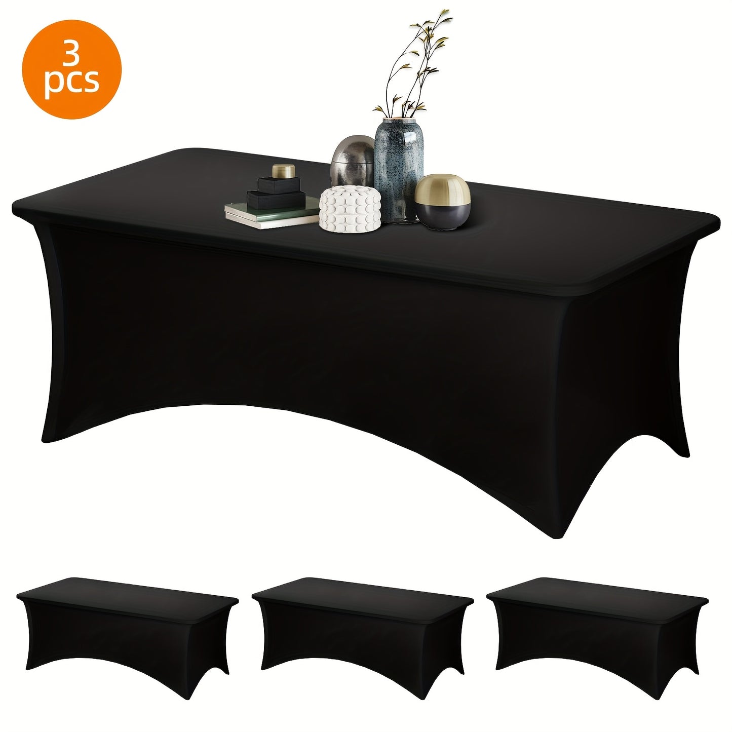 Spandex Stretch Fitted Tablecloths 2pcs 3pcs – 4ft 6ft 8ft Rectangular Elastic Table Covers, Wrinkle-Resistant in Black & White for Wedding, Banquet, Trade Show, Graduation & Party Decoration
