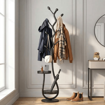 Clothing Rack with Shelf Freestanding Metal Garment Rack - Standalone Vertical Clothes Organizer with Coat Hat Hooks, Easy Mobility Wheels, Home Bedroom Closet Storage for Coats Scarves Hats