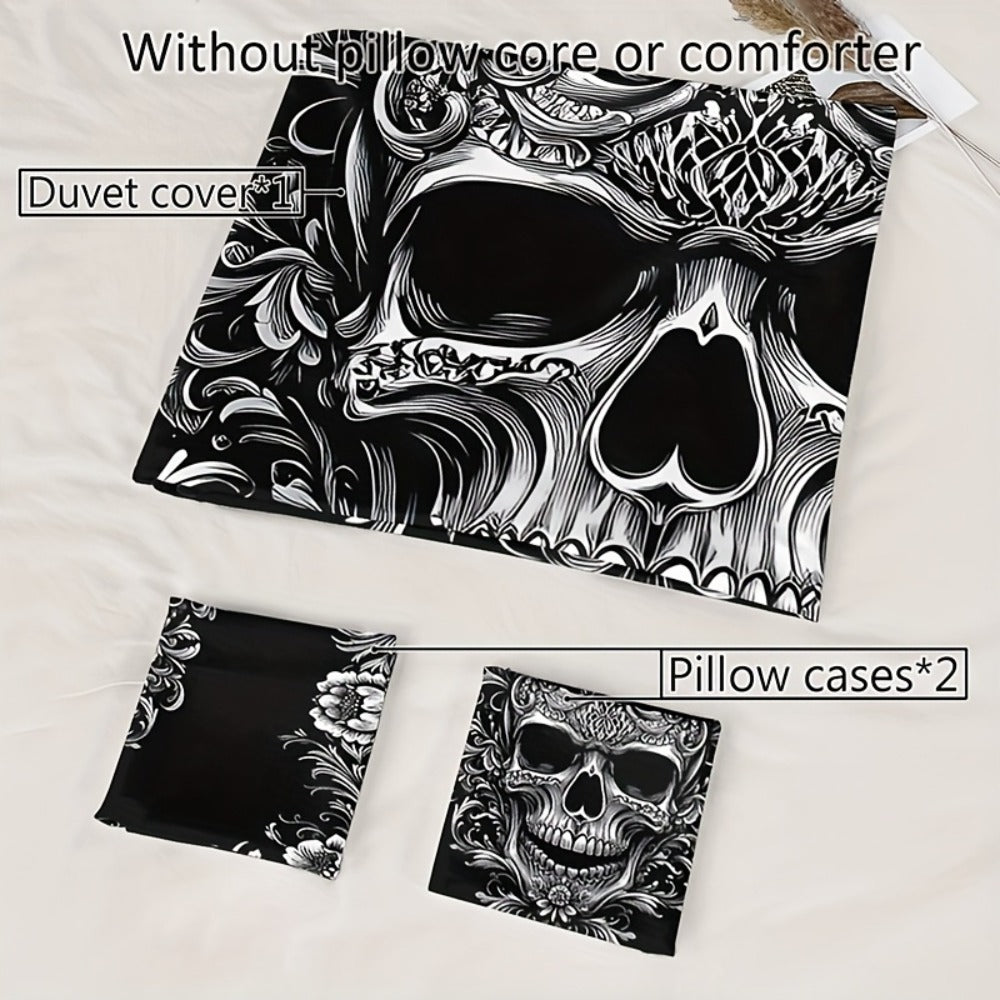 Skull Duvet Cover Set 3pcs – Gothic Victorian Baroque Black & White Skull Bedding with 2 Pillowcases, Digital Print Halloween Bedroom Decor (Twin, Full, Queen, King – No Insert)