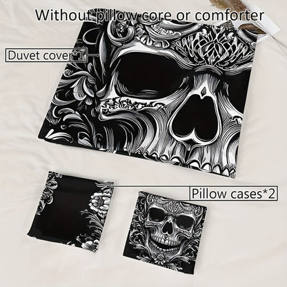 Skull Duvet Cover Set 3pcs – Gothic Victorian Baroque Black & White Skull Bedding with 2 Pillowcases, Digital Print Halloween Bedroom Decor (Twin, Full, Queen, King – No Insert)