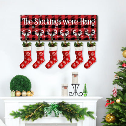 Christmas Stocking Holder with 6 Hooks – Wooden Sign Wall Rack with Snowflake Design & "The Stockings Were Hung" Quote, Santa Claus Mantel Hanger for Holiday Fireplace Decor