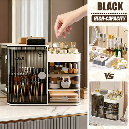 Makeup Organizer with 3 Drawers and Mirror - Large Capacity Cosmetic Storage Box Vanity Organizer for Skincare Contact Lens Display Case Bathroom Counter Organizer | Transparent Black Cream White