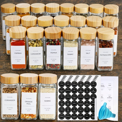 Glass Spice Jars with Labels and Lids 4oz, Empty Spice Bottles with Foldable Funnel for Kitchen Organization, Airtight Condiment Storage Containers for Herbs and Seasonings, Set of 15 24 or 36 Pieces