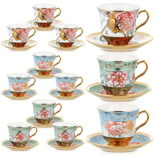 Floral Porcelain Tea Cups and Saucers Set of 12 – 5.4 Oz British Style Tea Party Cups – Classic Elegant Gift for Women – Perfect for Birthday, Mother's Day, Church & Tea Parties