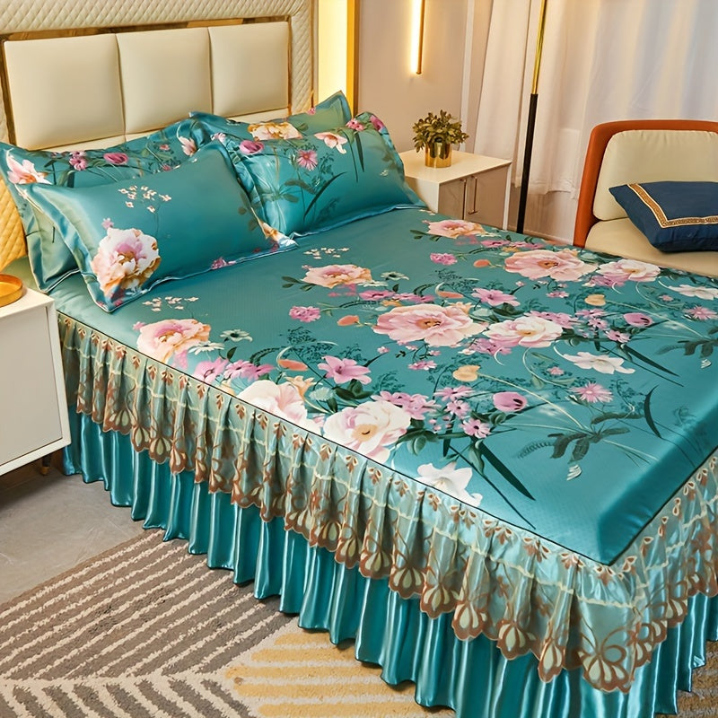 Floral Ruffle Bed Skirt Cool Mat 3 Piece Set with Pillowcase, Double Layer 360° Full Wrap Washable Cooling Mattress Cover, Breathable Summer Bedding Set for Twin Full Queen King, Parisian Romantic Floral