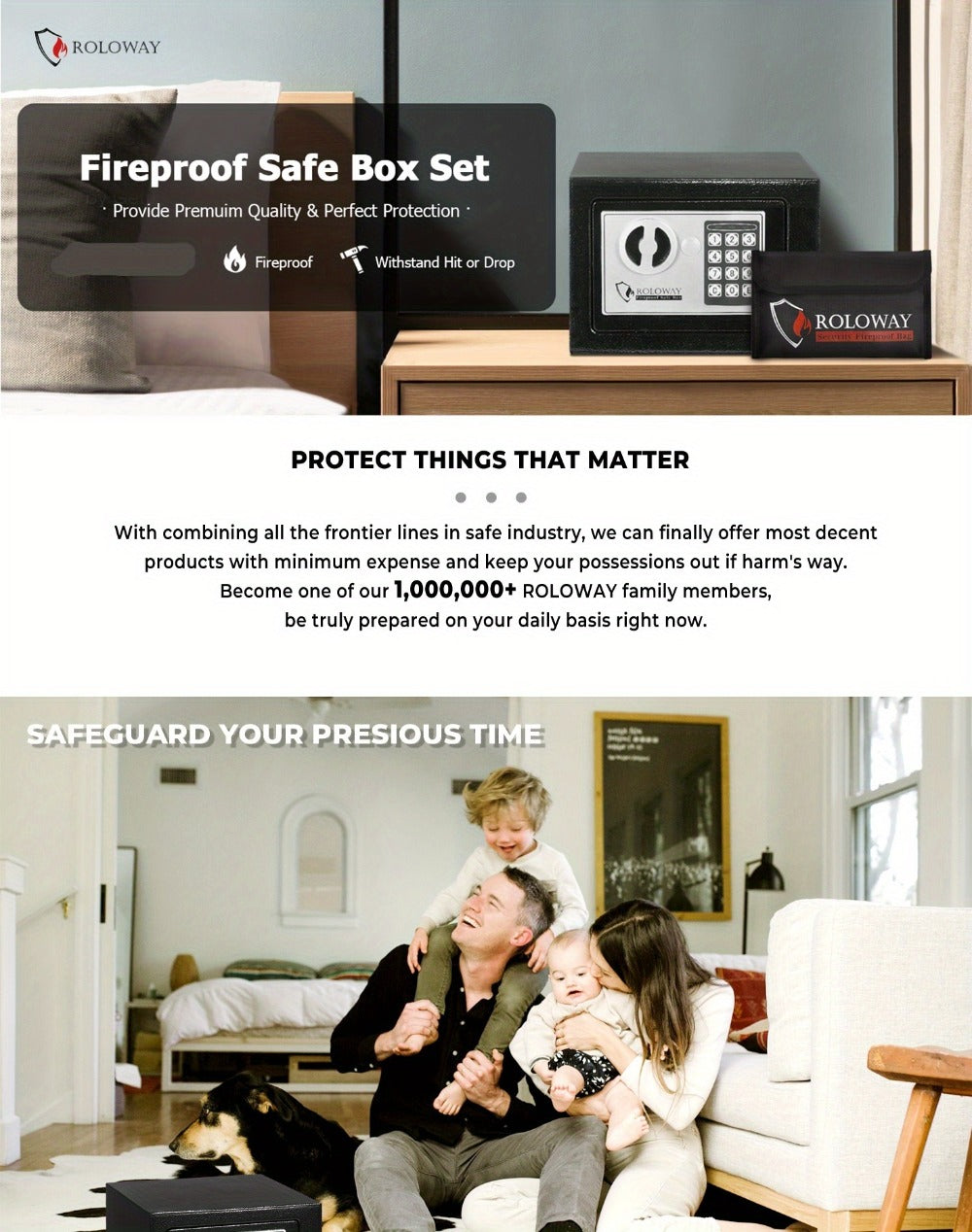 Fireproof Safe Box with Keyboard Lock – ROLOWAY Home & Office Security Safe with Fireproof Bag, Multiple Sizes, Black & Pink Options