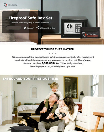 Fireproof Safe Box with Keyboard Lock – ROLOWAY Home & Office Security Safe with Fireproof Bag, Multiple Sizes, Black & Pink Options