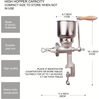 Cast Iron Grain Mill Manual Grain Grinder | Heavy Duty Hand Crank Food Mill | High Hopper with Clamp & Shield | Grinds Nuts Flour Corn Wheat Coffee | Kitchen Manual Grinder