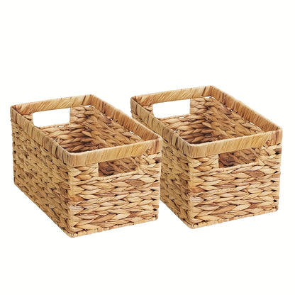 Wicker Storage Basket with Built-in Handle, Natural Rattan Boho Stackable Shelf Organizer Bin for Bathroom Bedroom Living Room Kitchen Closet Home Decor