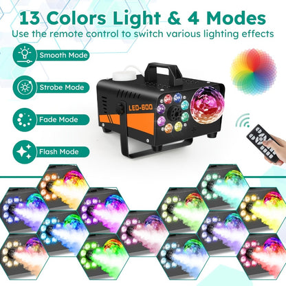 Fog Machine 600W with Disco Ball LED Lights | 3000 CFM Smoke Machine with 13 Colorful LED Effects & Wireless Remote | Party Fog Machine for Halloween, Wedding, DJ Stage, Indoor Events & Nightclub