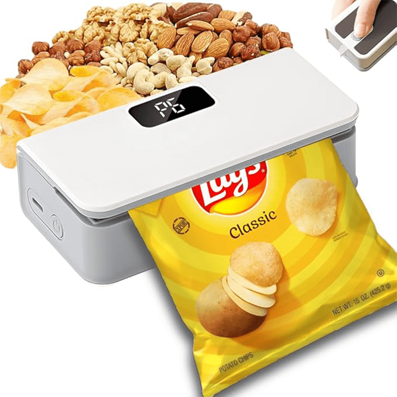 Portable Mini Bag Sealer USB Rechargeable – Handheld Food Sealer with Built-In Cutter for Fruits, Vegetables, Snacks & Chips – Compact Kitchen & Outdoor Picnic Sealing Tool, White & Blue