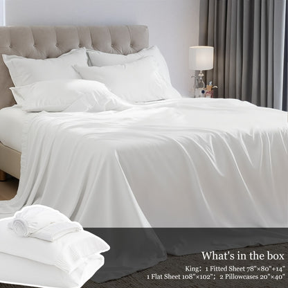 Bed Sheet Set 4-Piece Soft Breathable Cooling Sheets - Flat Sheet, Fitted Sheet & 2 Pillowcases, Wrinkle-Free Hotel Luxury Bedding, All Season Comfort