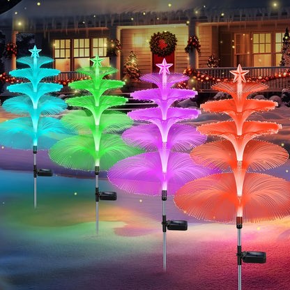Solar Christmas Tree Lights Fiber Optic Star, 7-Color LED IP65 Waterproof Garden Stake Lights — 2 or 5 Layer Star for Lawn, Pathway, Patio & Holiday Decor | 2, 4 or 6 Pack