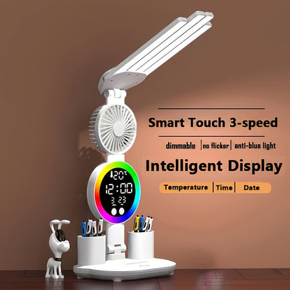 LED Desk Lamp with Built-in Fan & Touch Control | Dual Head Adjustable | USB Charging | 3 Color Modes Dimmable | Smart Display Clock | Eye-Caring Reading Lamp for Home Office Dorm Study