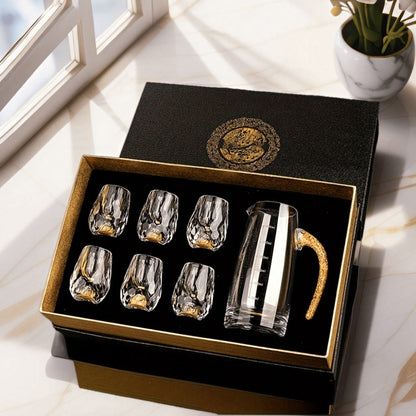 24K Gold Plated Crystal Wine Set – 1 Decanter & 6 Cups with Leakproof Crystal Glasses – Elegant Black Gift Box – Luxury Home Bar, Wedding & Party Gift for Wine Lovers