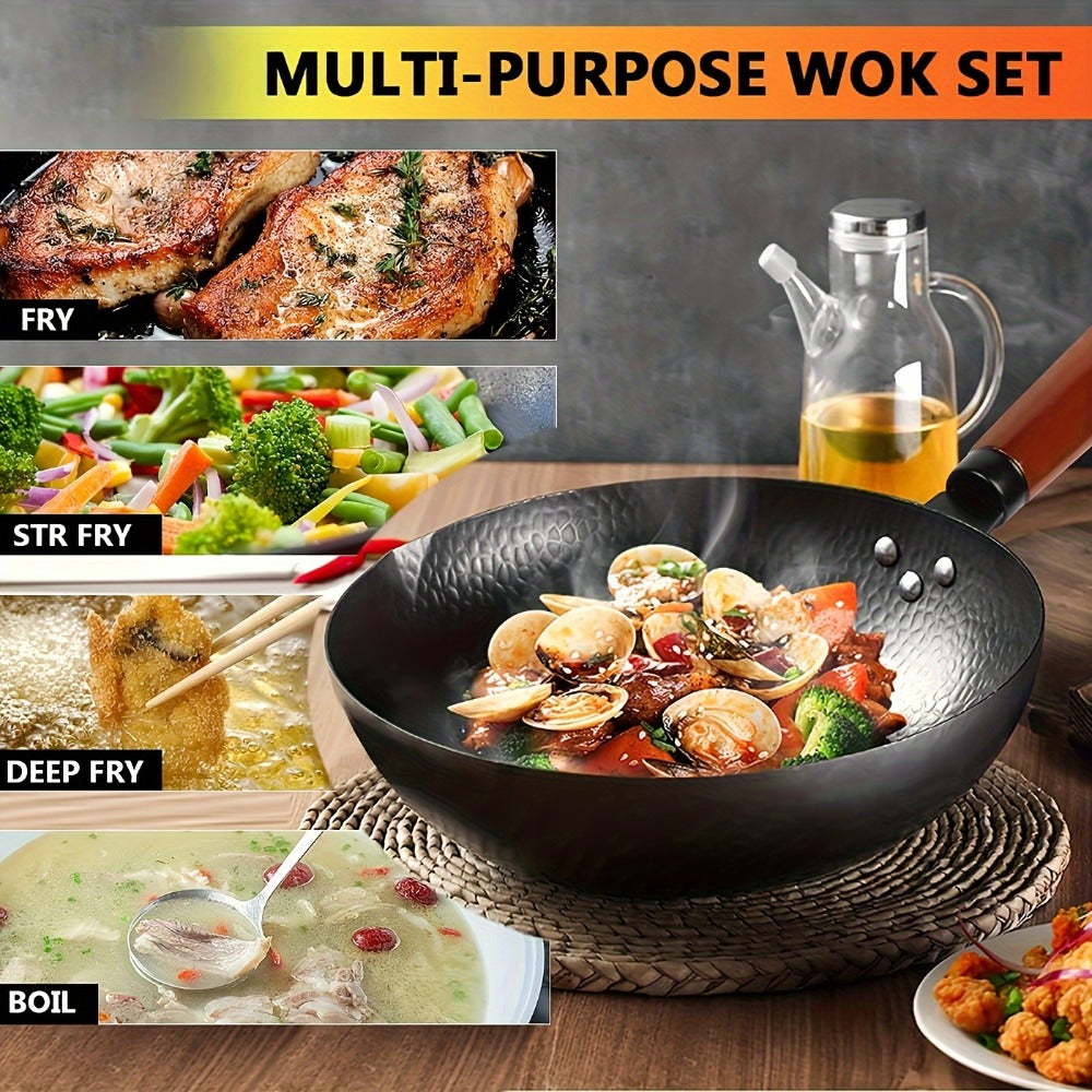 Carbon Steel Wok Set with Lid & Accessories – 14-Piece Non-Stick Stir Fry Pan 12.6" for Gas Electric Induction All Stoves | Wok Pan with Spatula Brush Ring Utensils Kitchen Cooking Set