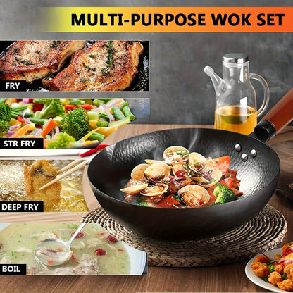 Carbon Steel Wok Set with Lid & Accessories – 14-Piece Non-Stick Stir Fry Pan 12.6" for Gas Electric Induction All Stoves | Wok Pan with Spatula Brush Ring Utensils Kitchen Cooking Set