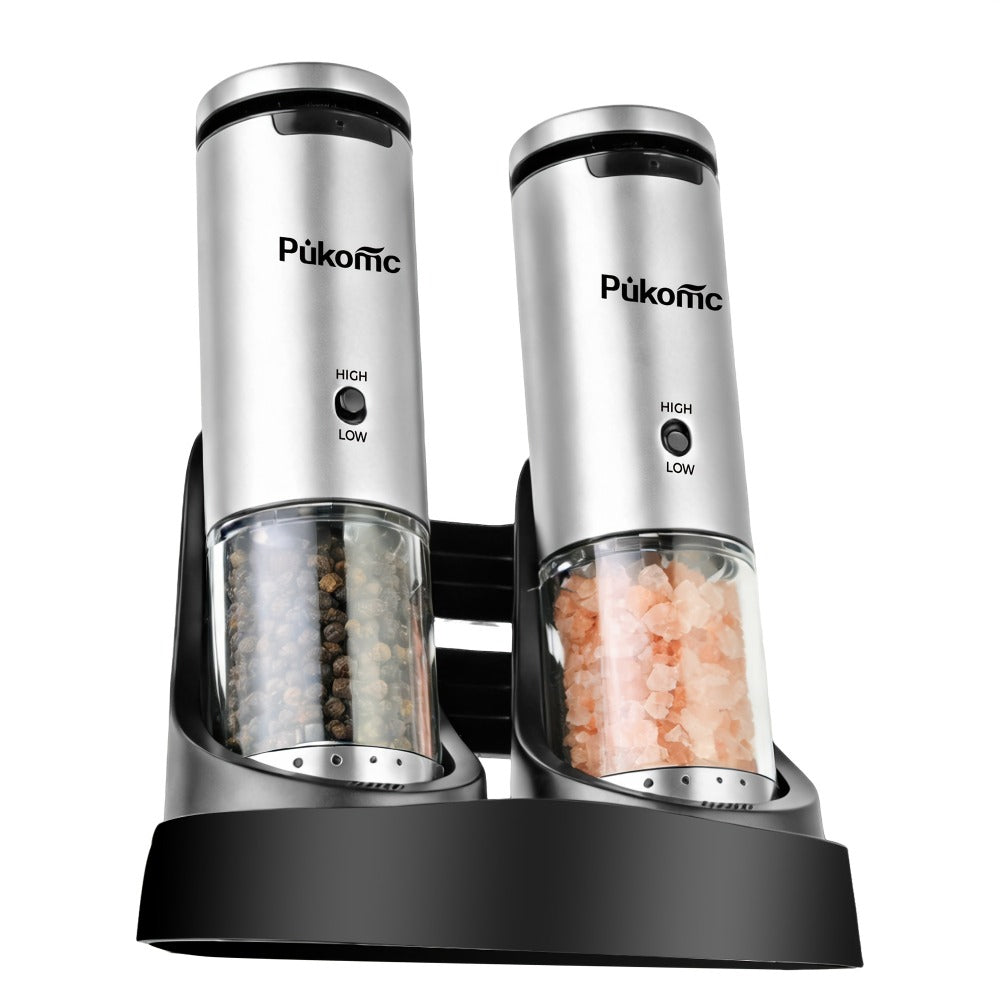 Electric Pepper Grinder Set of 2, Rechargeable with Charging Base, 6 Adjustable Coarseness Settings, Built-in LED Light & ABS Motor — Salt & Pepper Mill for Peppercorns & Spices, Brush Included