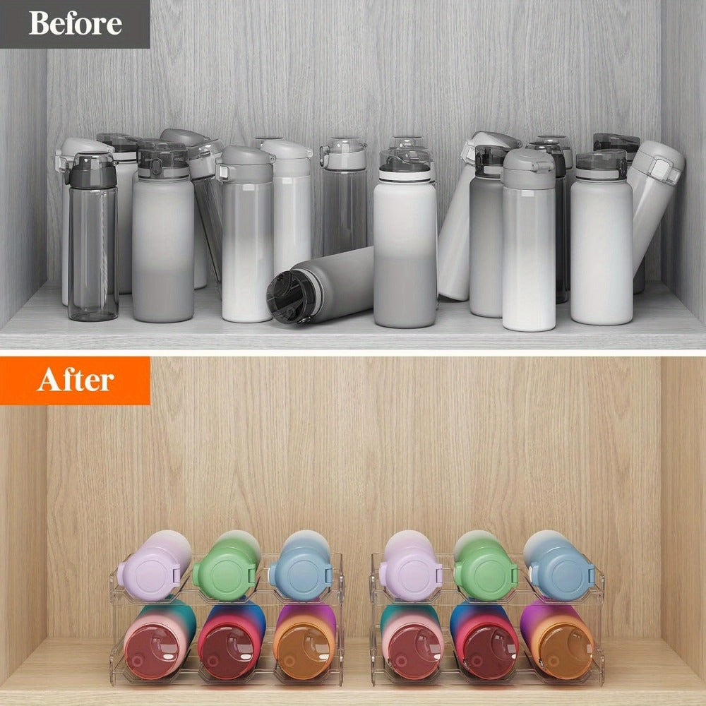 Stackable Water Bottle Organizer for Cabinet & Kitchen Pantry – Tumbler Travel Mug Cup Holder, Plastic Fridge Wine Rack, Holds 5/6/8/9/11/12 Bottles