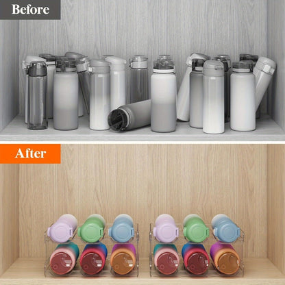 Stackable Water Bottle Organizer for Cabinet & Kitchen Pantry – Tumbler Travel Mug Cup Holder, Plastic Fridge Wine Rack, Holds 5/6/8/9/11/12 Bottles